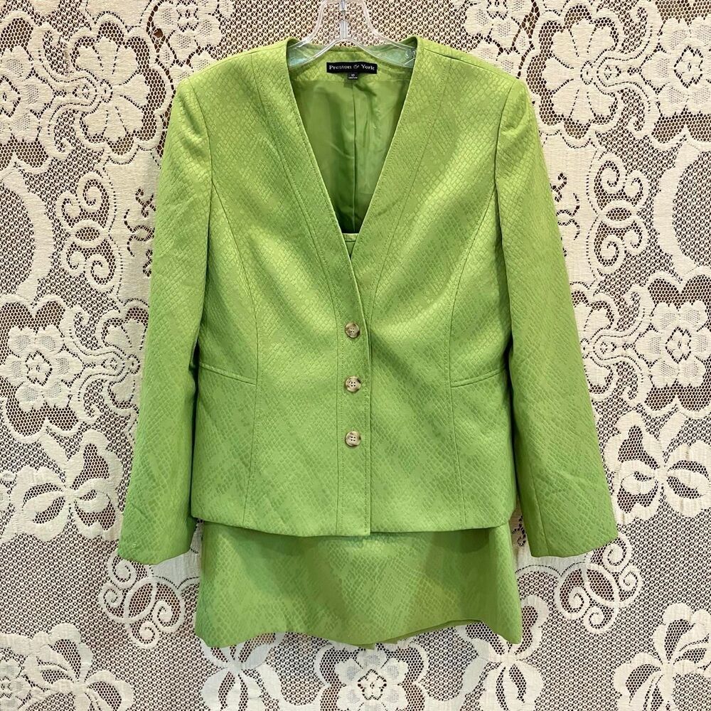 Preston & York Green Snakeskin Jacquard Blazer & Skirt 2-Piece Suit Set Size 10